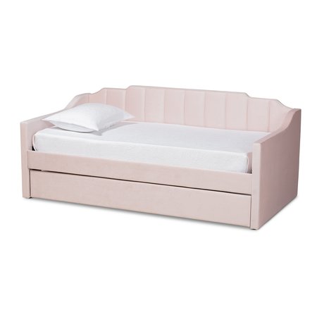 BAXTON STUDIO Lennon Modern and Contemporary Pink Velvet Fabric Twin Size Daybed with Trundle 186-11472-Zoro